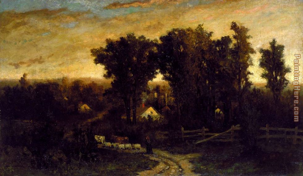 Edward Mitchell Bannister woman with cattle and sheep at dusk